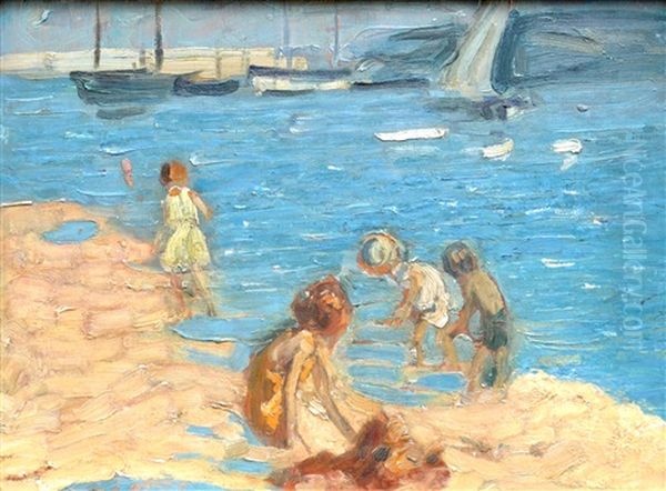 Children Playing In The Harbour At Low Tide - view 1