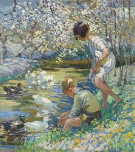 Children Playing Beside A Stream by Dorothea Sharp