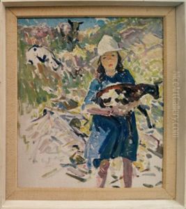 Sketch Of A Girl With A Lamb And A Sheep On A Hillside by Dorothea Sharp