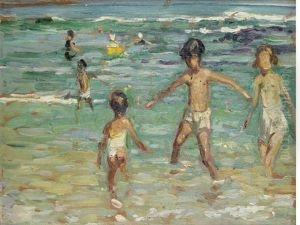 Children Paddling (+ Sketch Of 3 Children, Verso) by Dorothea Sharp