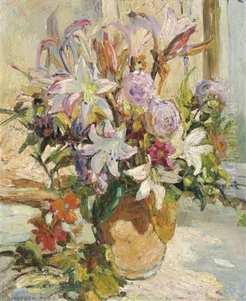 Oriental Lilies, Ranunculus, Amarylis And Sweet Peas In An Earthenware Vase, On A Window Sill - view 1