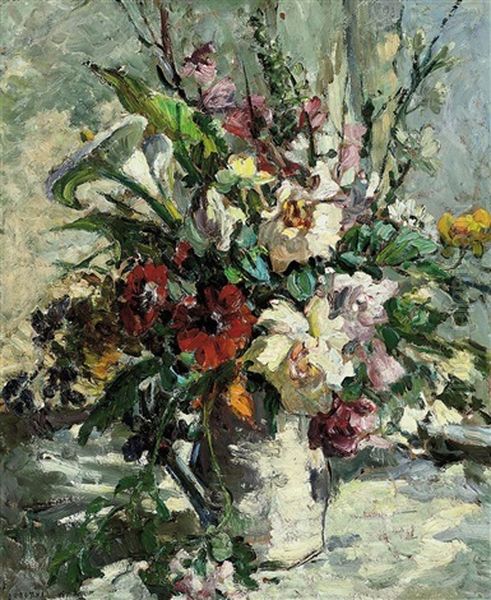 Calla Lilies, Poppies, Foxgloves, Cornflowers, Ferns And Other Blooms In A White Vase On A Table - view 1