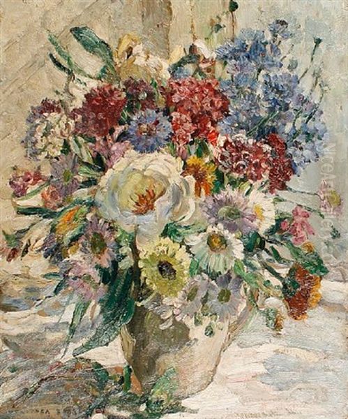 Still Life Of Mixed Flowers In A White Jug - view 1