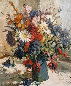 Still Life Of Mixed Flowers In A Blue Vase by Dorothea Sharp