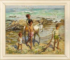 Children At The Beach With A Donkey by Dorothea Sharp