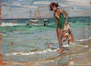 Testing The Water (+ Girl With A Green Bathing Suit, Oil On Paper Laid On Board; 2 Works) by Dorothea Sharp