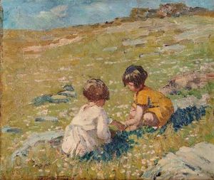 Untitled - Two Young Girls Picking Flowers by Dorothea Sharp