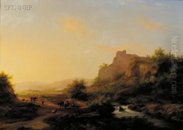 Italian Landscape With Figures On A Country Road - view 1