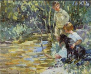 Children With Dog By Stream In Wooded Landscape by Dorothea Sharp
