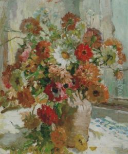 Still Life With Dahlias And Daisies On A Windowsill