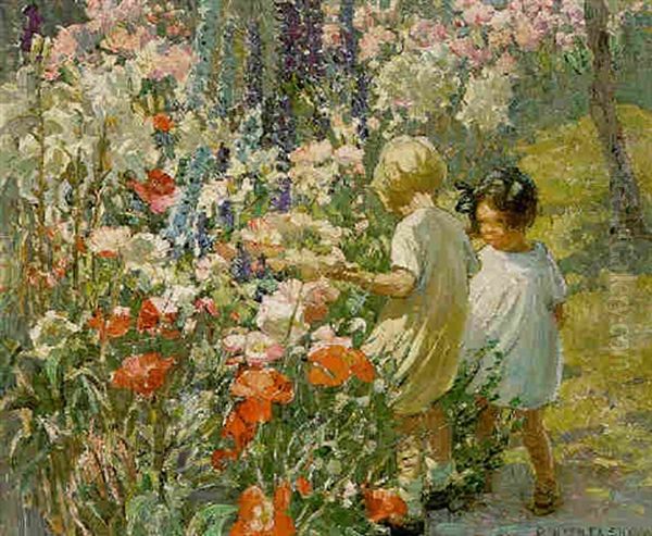 Two Girls With Lupins And Poppies - view 1