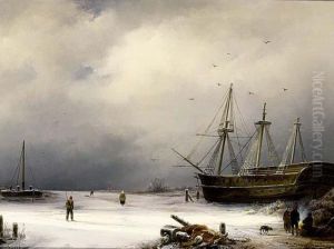 A Three-master In A Winter Landscape by Anton Braakman