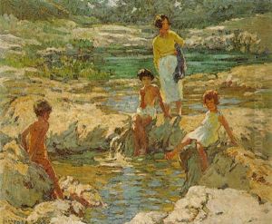 Mother And Children By A Pool