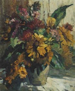 Still Life With Sunflowers, Stocks, Chrysanthemums And Arum Lilies by Dorothea Sharp
