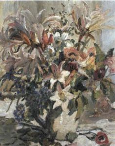 A Spray Of Summer Flowers In An Earthenware Vase by Dorothea Sharp