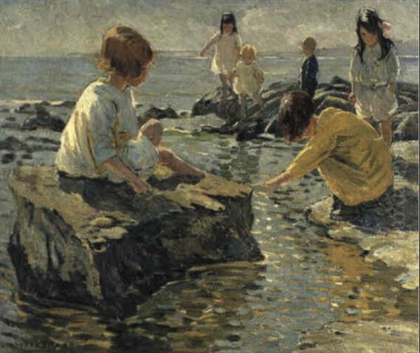 Children Playing By A Rockpool - view 1