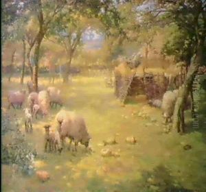 Sheep In A Wooded Landscape, Farm Buildings Beyond by Dorothea Sharp