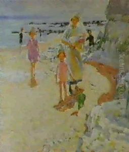 Nurse With Children On The Beach by Dorothea Sharp