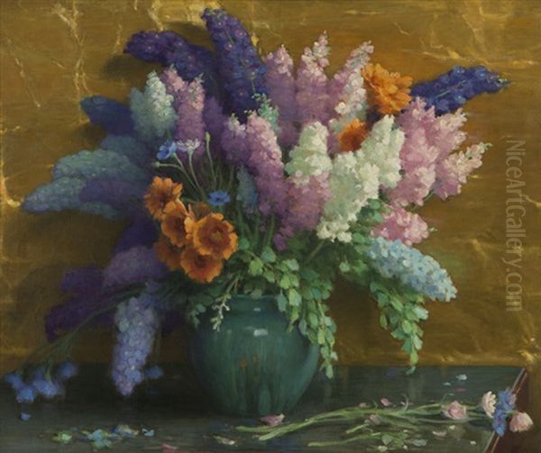 Still Life - Delphiniums In Green Vase - view 1