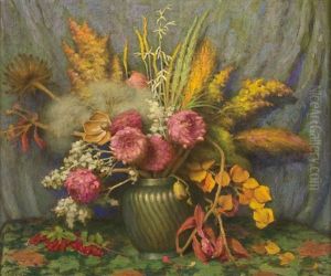 Autumn Flowers, Weeds, Grasses And Seed Pods In Chinese Vase