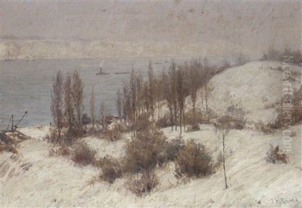 Winterliche Flusslandschaft Mit Lastkahnen - view 1