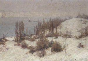 Winterliche Flusslandschaft Mit Lastkahnen