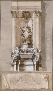 Design For The Tomb Of Pope Clement Xi Albani With Allegories Of Strength And Religion Flanking A Sarcophagus