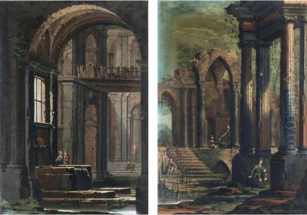 Veduta Di Fantasia Di Interno Di Chiesa Con Figure E Fontana; Capriccio Architettonico Con Rovine E Figure - view 1