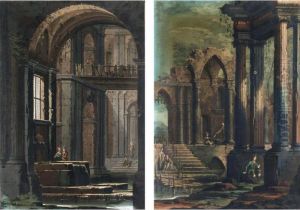 Veduta Di Fantasia Di Interno Di Chiesa Con Figure E Fontana; Capriccio Architettonico Con Rovine E Figure by Mauro Braccioli