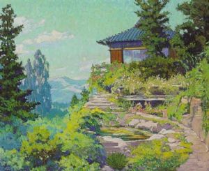 California Landscape With Japanese Style House by Louis Hovey Sharp