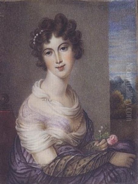 A Lady Wearing Lilac-coloured Dress, Black Lace Shawl, A White Scarf At Her Neck, Pearls In Her Brown Hair, A Pink Rose In Her Hand - view 1