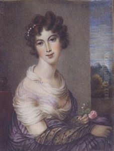 A Lady Wearing Lilac-coloured Dress, Black Lace Shawl, A White Scarf At Her Neck, Pearls In Her Brown Hair, A Pink Rose In Her Hand