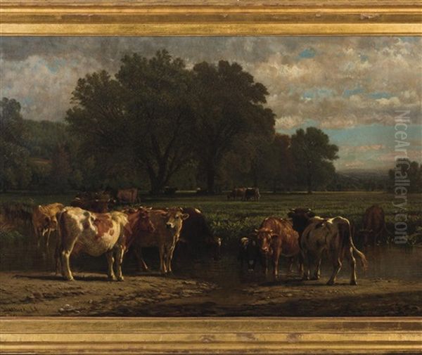 Summer Landscape With Cows At A Stream - view 1