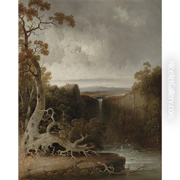 Figures On An Abutment Overlooking An Expansive Landscape With Falls - view 1