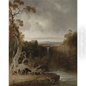 Figures On An Abutment Overlooking An Expansive Landscape With Falls Figures On An Abutment Overlooking An Expansive Landscape With Falls