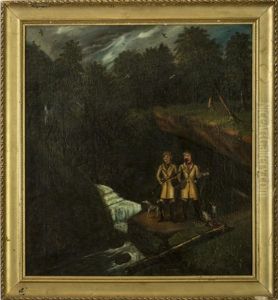 Two Hunters And Their Dog Overlooking A Stream With Falls by William V. Shaw
