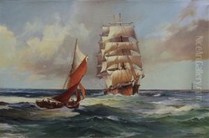 British Merchant And A Plymouth Cutter Off Eddystone Light by George Shaw