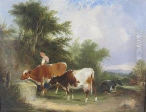 A Rustic Scene With A Milkmaid And Cattle by William Shayer the Elder