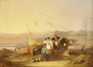 Fisherfolk On The Beach At Sunset by William Shayer the Elder