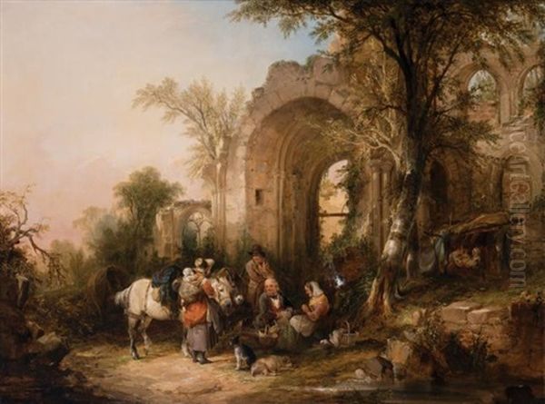 Travelers Resting By The East Window Of Netley Abbey - view 1