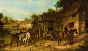 Rastende Fuhrleute Mit Vierspannigem Karren Vor Landlichem Gasthaus