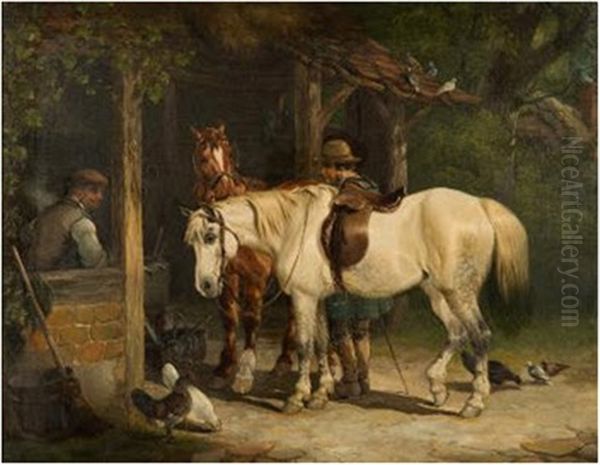 'the Shoeing Forge', A Pair Of Horses With Figures Poultry And Doves In A Woodland Glade Outside A Forge - view 1
