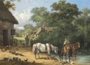 Farmyard Scene With Boy Watering Horses by Charles Shayer