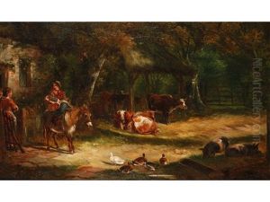 A Farmyard Scene With Livestock And Figures Beside A Cottage by Charles Shayer