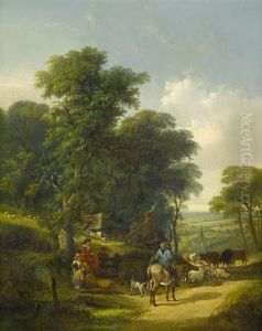 A Herdsman Cattle (sic), Passing Girl And Children by Charles Shayer