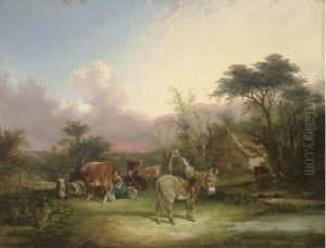 Milking The Cows Before A Cottage At Sunset (collab. W/charles Shayer) by Charles Shayer