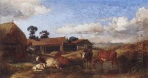 Cattle Watering By A Farm by Charles Shayer