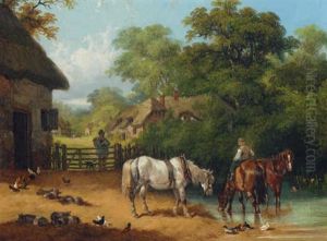 A Boy Watering Horses In A Farmyard