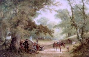 A Gypsy Encampment, Figures Camped Beneath A Tree And Figures Beyond In A Wooded Landscape