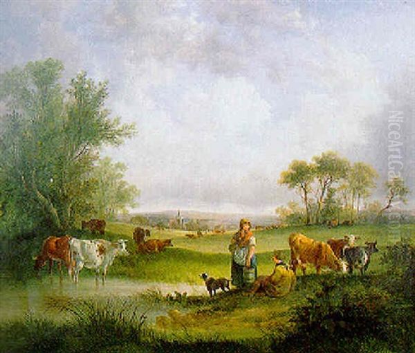 A Cow Herd And A Milk Maid Resting By A River With Cattle Grazing In A Woodland Landscape - view 1